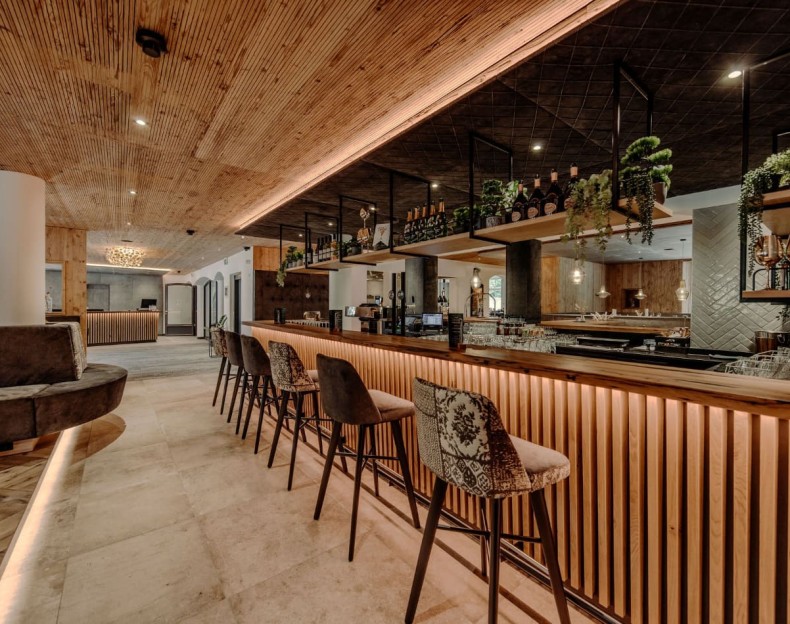 Elegante Bar mit modernen Stühlen, von Pflanzen umgeben